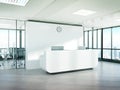 Blank white reception desk in concrete office with large windows Mockup 3D rendering