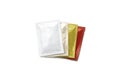 Blank white, red, beige and yellow sachet packet stack mockup