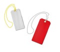 Blank white and red price tags with hanging strings and metal hole rings, realistic vector mockup. Empty clothing labels