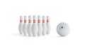 Blank white with red stripes bowling skittle and ball set mock up, side view