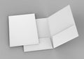 Blank white reinforced pocket folders on grey background for mock up. 3D rendering.