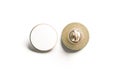 Blank white round gold lapel badge mock up, front back Royalty Free Stock Photo