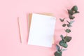 Blank white sheet on spiral golden notepad with paper clip heart, pencil and green branch of eucalyptus on pink pastel background Royalty Free Stock Photo