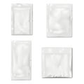 Blank white 3 and 4 side seal sachet packet. Vector mock-up set. Plastic, paper or foil pouch bag package kit mockup Royalty Free Stock Photo