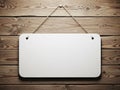 Blank white sign hanging on rustic wooden wall with jute string Royalty Free Stock Photo