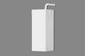 Blank white small Cardboard juice box with straw mockup isolated on a grey background. 3d rendering.