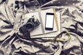 Blank white smartphone screen with old style camera and diary Royalty Free Stock Photo
