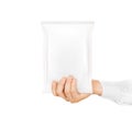 Blank white snack bag mock up hold in hand isolated