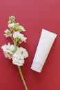 Blank white squeeze bottle plastic tube on a burgundy / red background with a white flower