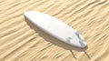 Blank white surfboard with fins lying on sand mockup