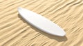 Blank white surfboard lying on sand mock up, side view