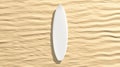 Blank white surfboarf lying on sand mockup, top view