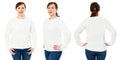 Blank white sweatshirt mock up set isolated, front, back and side view. Middle-aged woman wear white pullover mockup. Plain hoody Royalty Free Stock Photo