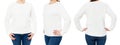 Blank white sweatshirt mock up set isolated, front, back and side view. Woman wear white pullover mockup. Plain hoody design Royalty Free Stock Photo