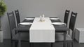 Blank white table runner and dishes mockup crop, interior background