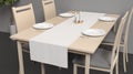 Blank white table runner and dishes mockup crop, interior background