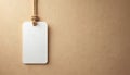 Blank white tag hangs on rope against textured cream wall. Simple rectangle shape with rounded corners waits for custom text. Royalty Free Stock Photo