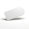 A blank white tag with a hole at the top, standing upright against a white background Royalty Free Stock Photo