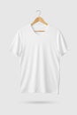 Blank White V-Neck Shirt mockup on wooden hanger isolated on light grey background front side view. Royalty Free Stock Photo