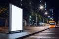 Blank white vertical digital billboard poster on city street bus stop sign at night. AI generated Royalty Free Stock Photo