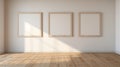 Contemporary Tonalist Paintings: Three Empty Frames On White Wood Floor Royalty Free Stock Photo