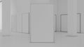 Blank white wall mockup in sunny modern empty museum, 3d rendering. Clear big stand mock up in gallery Royalty Free Stock Photo