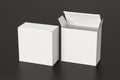 Blank white wide square box with open and closed hinged flap lid on black background. Clipping path around box mock up. Royalty Free Stock Photo