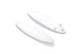 Blank white wood surfboarf with fins mockup, front and back