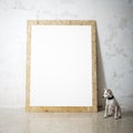 Blank white wooden natural frame and little dog