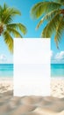 Blank whiteboard displaying on sandy beach with palm trees