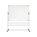 Blank whiteboard on wheeled stand vector mockup. Revolving flipchart magnetic white board with wheels realistic mock-up. Template