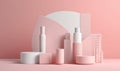 product bottle cosmetic beauty pastel pink hair care treatment background layout. Generative AI.