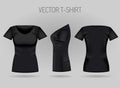 Blank women`s black t-shirt in front, back and side views. Realistic female sport shirts Royalty Free Stock Photo