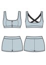 Blank women`s sports suit in front, back views. Vector illustration