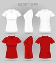 Blank women`s white and red short sleeve polo shirt in front, back and side views. Realistic female t-shirts Royalty Free Stock Photo