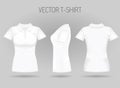 Blank women`s white short sleeve polo shirt in front, back and side views. Realistic female t-shirts