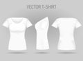 Blank women`s white t-shirt in front, back and side views. Realistic female sport shirts