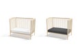 Blank wood cot with black and white crib sheet mockup,