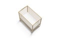 Blank wood cot with white crib sheet mockup, side view