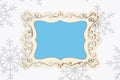 Blank wood frame with white and gray snowflake background