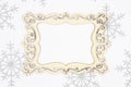 Blank wood frame with white and gray snowflake background