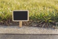 Blank wooden blackboard label in front of grass background Royalty Free Stock Photo