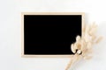 Blank wooden chalk board with natural dried hare`s tail grass bouquet on white background. Top view image.
