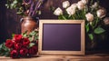 A blank wooden frame chalkboard with red roses and white rose bouquet, flowers and Valentines day background. Generative AI