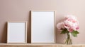 Blank Wooden Frame With Peony On Gray Wall - Poster Mockup