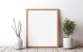 Blank wooden picture frame mockup on off white wall in modern interior. Vertical artwork template mock up for artwork, painting, Royalty Free Stock Photo