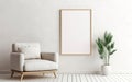 Blank wooden picture frame mockup on off white wall in modern interior. Vertical artwork template mock up for artwork, painting, Royalty Free Stock Photo