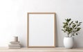 Blank wooden picture frame mockup on off white wall in modern interior. Vertical artwork template mock up for artwork, painting, Royalty Free Stock Photo