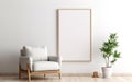 Blank wooden picture frame mockup on off white wall in modern interior. Vertical artwork template mock up for artwork, painting, Royalty Free Stock Photo