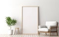 Blank wooden picture frame mockup on off white wall in modern interior. Vertical artwork template mock up for artwork, painting, Royalty Free Stock Photo